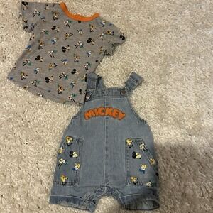 Vintage Disney Mickey Mouse Retro overalls & Tee Set 3/6 Months  GUC